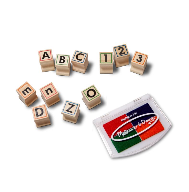 Photo 1 of Melissa & Doug Deluxe Letters and Numbers Wooden Stamp Set ABCs 123s with Activity Book, 4-Color Stamp Pad