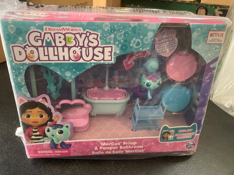 Photo 1 of Gabby's Dollhouse, Primp and Pamper Bathroom with Mercat Figure, 3 Accessories, 3 Furniture and 2 Deliveries, Kids Toys for Ages 3 and up