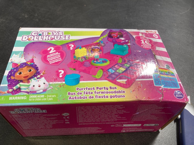 Photo 1 of Gabby's Dollhouse Celebration Party Bus, Transforming Playset with Gabby & DJ Catnip Toy Figures & Dollhouse Accessories, Kids Toys for Ages 3 and Up