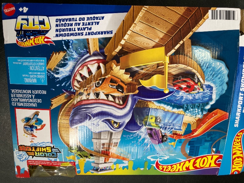 Photo 1 of Hot Wheels Toy Car Track Set, Color Shifters Sharkport Showdown, 1:64 Scale Vehicle with Repeat Color-Change Feature