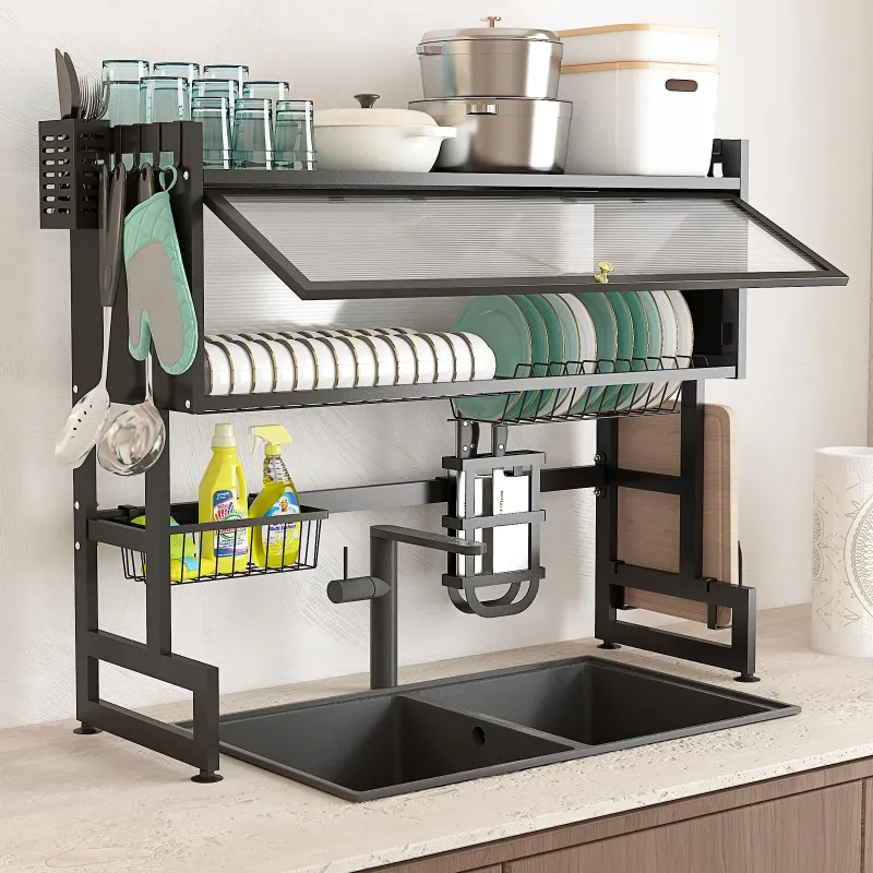 Photo 1 of 3 Tier Over The Sink Dish Drying Rack, Large Capacity Dish Rack with Cover, Expandable Length & Height, Adjustable Metal Dish Drainer for Kitchen Counter, Space Saving