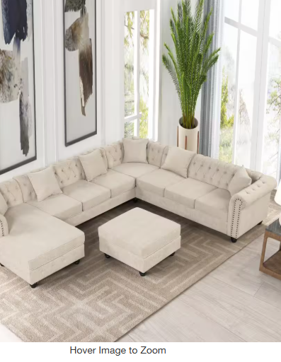 Photo 1 of -Piece Beige Linen Corner Sectional 132in.W Rolled Arms U Shape Sectional Sofa in. with 