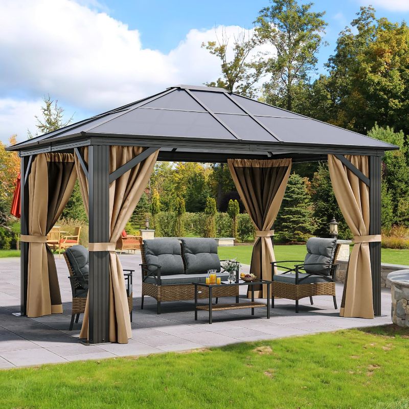 Photo 1 of  Gazebo Hardtop Polycarbonate Outdoor Canopy with Netting and Shaded Curtains, Aluminum Frame Garden for Patio, Backyard, Deck and Lawns, Brown