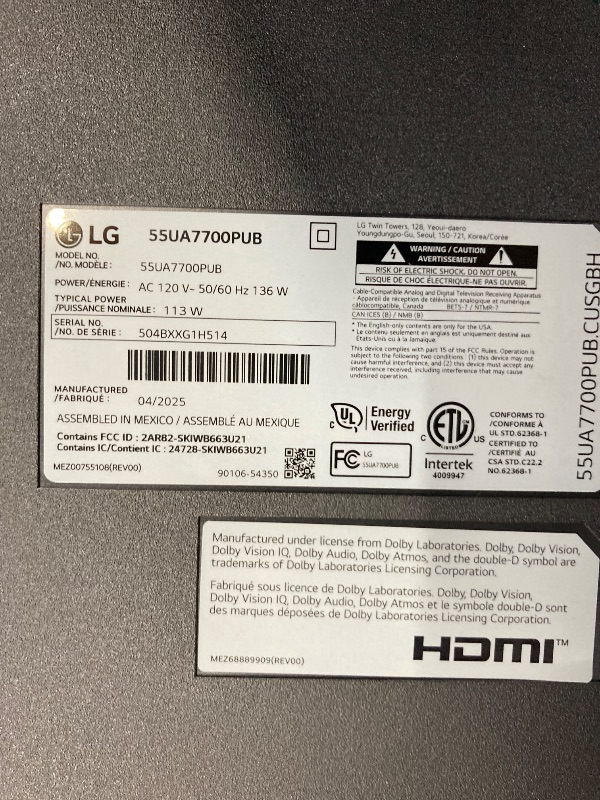Photo 1 of LG 55-Inch Class UHD AI 4K UA77 Series Smart TV w/AI Sound Pro, HDR10, 4K Super Upscaling, Filmmaker Mode, Wow Orchestra, Compatible with Alexa (55UA7700PUB, 2025)