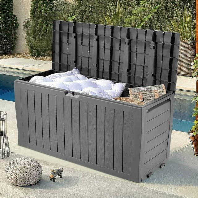 Photo 1 of ***HAS CRACK ON TOP CORNER**Seizeen 75 Gallon Resin Deck Box on Wheels, Patio Large Storage Cabinet, Outdoor Waterproof Storage Box, Storage Container for Outside Furniture Cushions, Garden Tools, Kids' Toys, Gray, D7232

