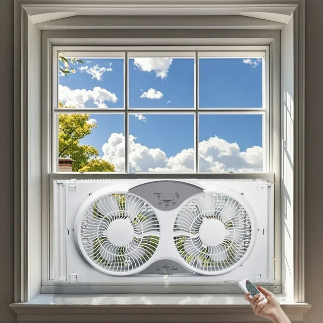 Photo 1 of 9" Twin Window fan with Remote Control, 3 Speed Bedroom window fan reversible Airflow Exhaust and Intake Quiet Operation, Fan Window Easy to install
