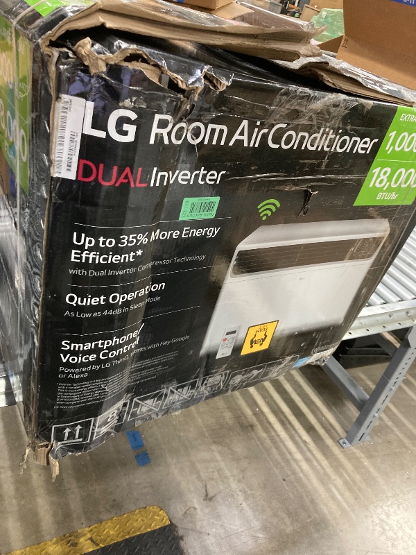 Photo 1 of ***PARTS ONLY***
LG 18,000 BTU DUAL Inverter Smart Window Air Conditioner, 230V, Cools 1,000 Sq. Ft. for Bedroom, Living Room, Apartment, Ultra Quiet Operation, ENERGY STAR®, with LG ThinQ, Amazon Alexa & Hey Google