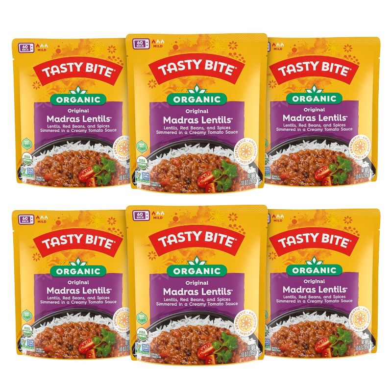 Photo 1 of **BB 6/30/26**Tasty Bite Organic Madras Lentils, 10 Ounce, Pack of 6, Ready to Eat, Microwavable Entree, Vegetarian
