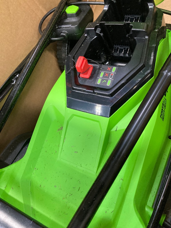 Photo 1 of ***(ITEM AS SHOWN IN BOX, USED, MISSING PIECES, DIRTY/GRASS RESIDUE ON EQUIPMENT, SOME SCUFFS/SCRATCHES, NOT TESTED)*** 

Greenworks 48V (2x24V) 17" Brushless Mower+12" String Trimmer +320CFM (2) 4.0Ah 