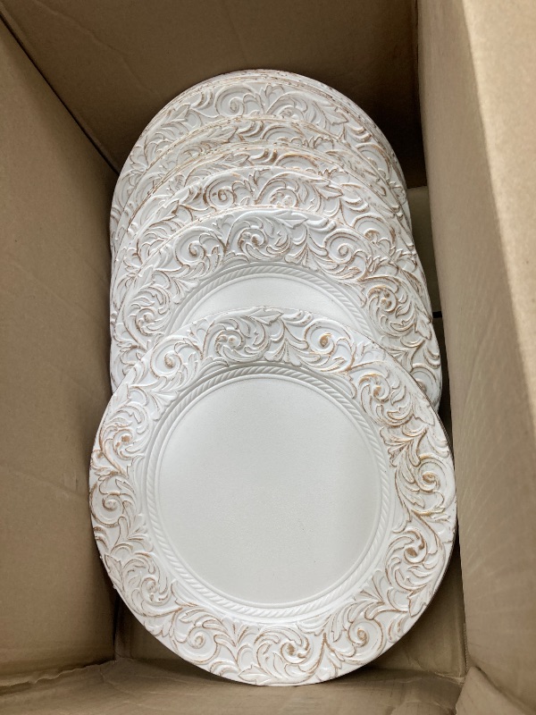 Photo 1 of **NOT IN ORIGINAL PACKAGING**Zhehao 50 Pcs Antique Charger Plates Bulk 13 Inch Embossed Rim Plastic Decorative Round for Dinner Wedding Party Event Table Setting Decoration(White)