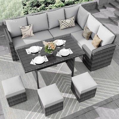 Photo 1 of  box 2 of 3 only U-MAX 7 Pieces Patio Furniture Set, Outdoor Sectional Sofa Conversation Set, All Weather Wicker Rattan Dining Table & Chair with Ottoman, Grey Rattan&Grey Cushion