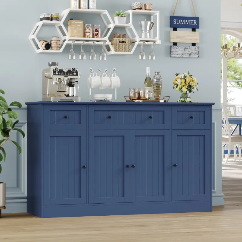 Photo 1 of ***MISSING PARTS/NO HARDWARE**Homfa 55"W Sideboard Credenza with Adjustable Shelves, 4-Doors 3-Drawers Farmhouse Storage Buffet Cabinet, Wood Coffee Bar Cabinet for Kitchen Dining Living Room, Blue