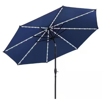 Photo 1 of 10 ft. Solar Patio Umbrellas in Navy Blue with LED Lights for Market Outdoor Pool, Steel Tilt Crank


