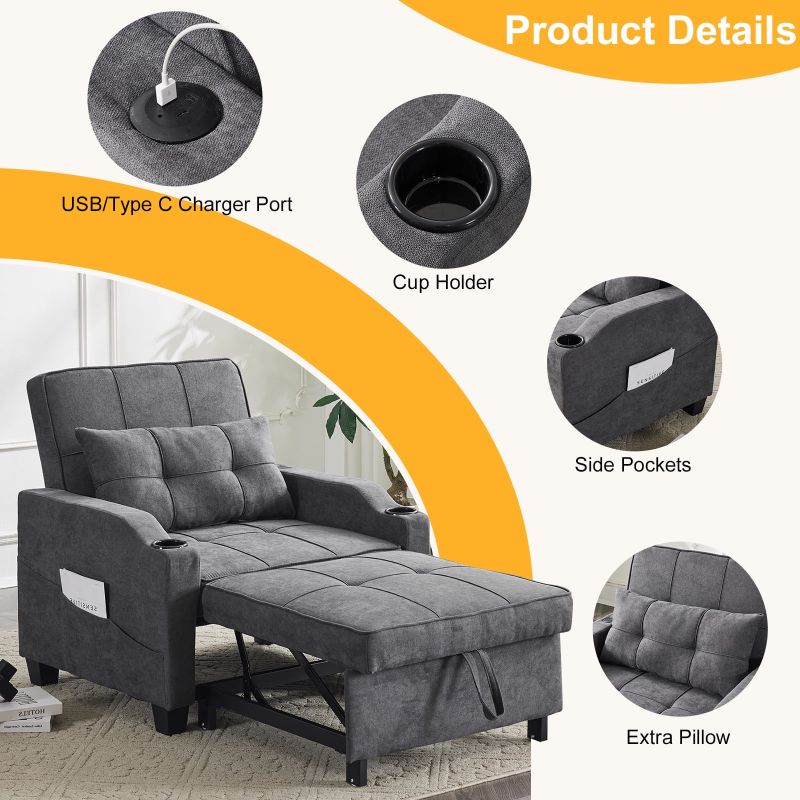 Photo 1 of 
Ktaxon 3-in-1 Single Sofa Bed Convertible Sleeper Chair Linen Fabric Futon Sofa with Lumbar Pillow for Living Room Bedroom Office Apartment Furniture Dark Gray

