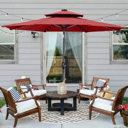 Photo 1 of **BENT POLE/HAS STAINS**Ainfox 10ft Patio Umbrella Outdoor Solar Powered with 40 LED Lights One Center Light and 8 Sturdy Ribs Without Base(Red)