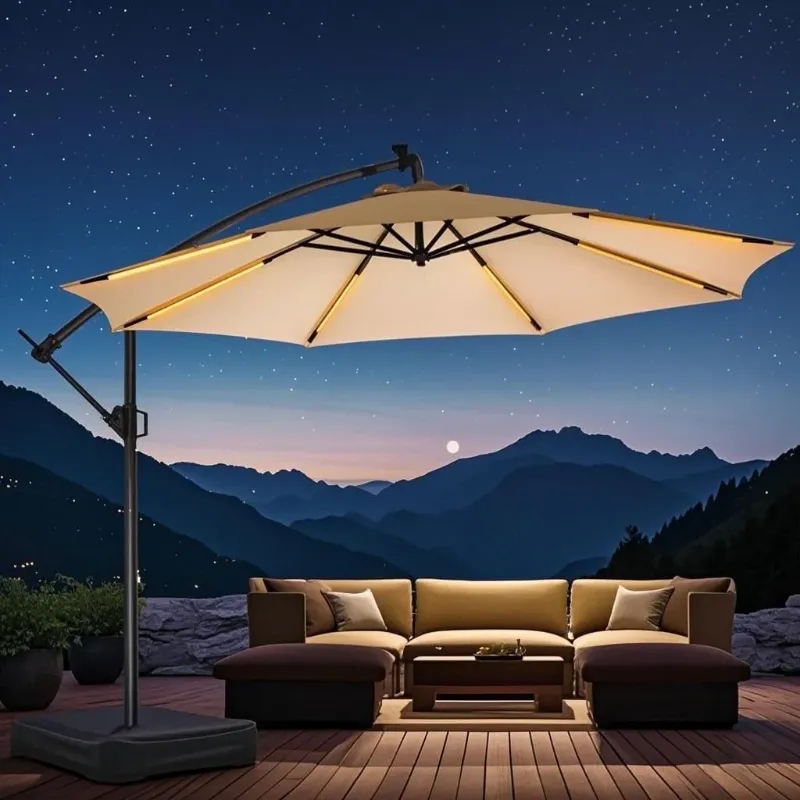 Photo 1 of 10ft Patio Umbrella Offset with Solar Light and Base,Offset Hanging Patio Outdoor Market Umbrella with Easy Tilt and Crank,for Yard,Garden,Home,Pool & Deck,Beige