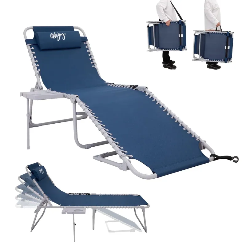 Photo 1 of #WEJOY Chaise Lounge Chair, 5-Positions Adjustable Folding Beach Chair with Side Table & Pillow & Detachable Pocket, Beach Lawn Recliner Reclining Seat for Adult, Max Load 264 lbs

