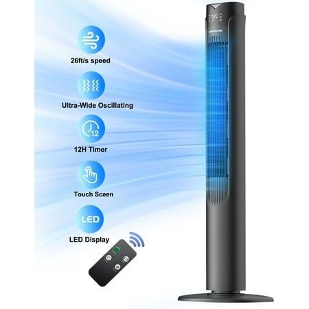 Photo 1 of 41 Tower Fan 90° Oscillating Fans with 3 Speeds 3 Modes 26 Ft/s High Velocity LED Display with Remote 12H Timer for Home Living Room Office
