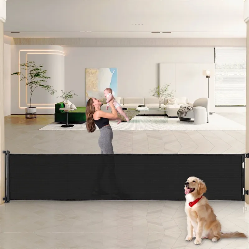 Photo 1 of 140 Inch Retractable Baby Gates, Extra Wide Baby Gates for Large Openings, Mesh Dog Gate Retractable, Safety Gates for Kids or Pets, Extra Long Baby Gates for Stairs Doorway Indoor Outdoor-Black
