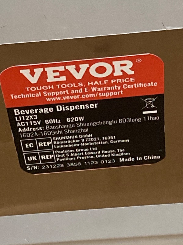 Photo 1 of ***(SELLING AS PARTS ONLY-BROKEN)***SCUFF/SCRATCHES, DIRTY, DENTS, VINYL PEELING, BOX RIPPED/TORN)***  VEVOR Commercial Beverage Dispenser,9.6 Gal,12L 3 Tanks Ice Tea Drink Machine,620W 304 Stainless Steel Juice Dispenser with 41?-53.6? Thermostat Control