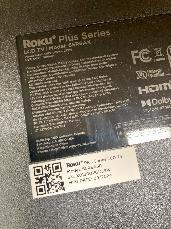 Photo 1 of **PARTS ONLY/BROKEN SCREEN**Roku Smart TV – 65-Inch Plus Series 4K QLED RokuTV with Roku Voice Remote Pro, Dolby Vision, Striking 4K Resolution, Automatic Brightness, & Seamless Streaming – Live Local News & Sports