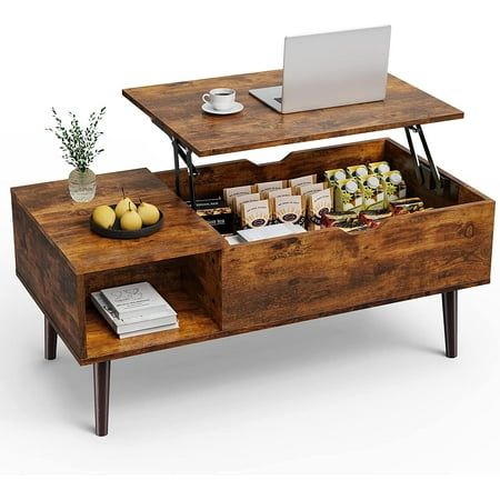 Photo 1 of Adjustable Height Wooden Coffee Table with Hidden Compartments and Shelves - Perfect for Small Homes Apartments Reception Rooms Rust Brown
