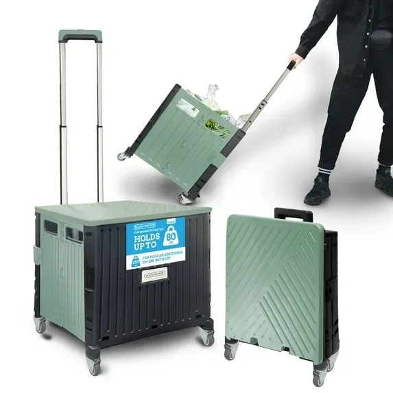 Photo 1 of BLACK+DECKER Large Collapsible Pack N Roll Folding Utility Cart with Lid, 4 Wheels, Adjustable Handle, Heavy Duty, Black/Green
