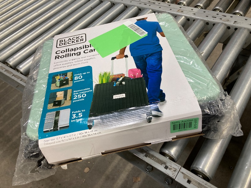 Photo 1 of BLACK+DECKER Large Collapsible Pack N Roll Folding Utility Cart with Lid, 4 Wheels, Adjustable Handle, Heavy Duty, Black/Green
