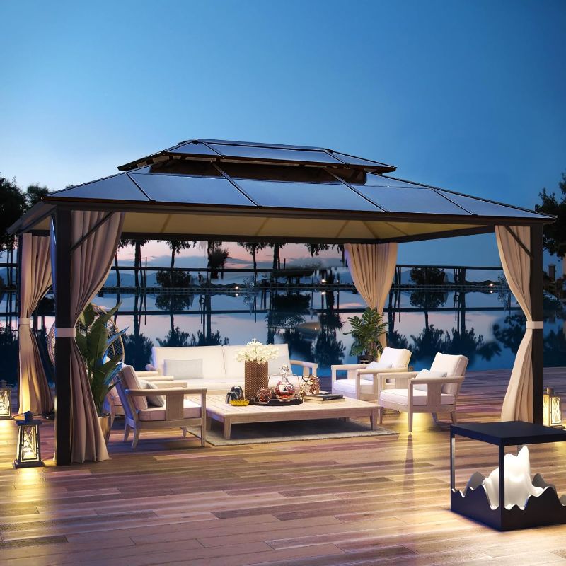 Photo 1 of **BOX 2 OF 3 ONLY/INCOMPLETE SET**YOLENY 12'x16' Hardtop Gazebo, Outdoor Polycarbonate Double Roof Canopy, Aluminum Frame Permanent Pavilion with Curtains and Netting, Sunshade for Garden, Patio, Lawns