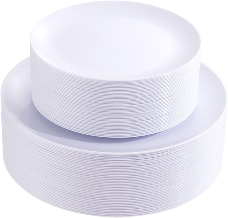 Photo 1 of ***SOME DESSERT PLATES ARE CRACKED/DID NOT OPEN AND REMOVE**PULOTE 100PCS White Plastic Plates Disposable - Heavyweight 50 White Dinner & 50 Dessert/Salad Plates for Wedding, Party
