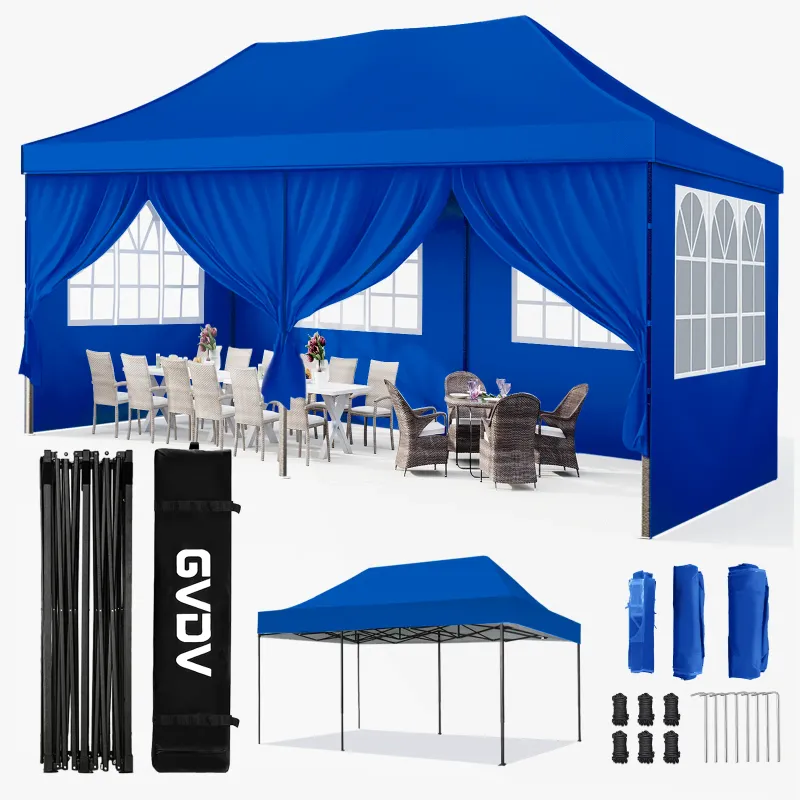Photo 1 of ***DAMAGED FRAME**GVDV 10x20 Pop up Canopy with 6 Removable Sidewalls, Outdoor Canopy Tents for Partie Wedding, Instant Sun Protection Shelter with Upgrade Raised Roof and Carry Bag, Blue
