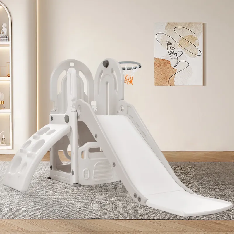 Photo 1 of 4 in 1 Toddler Slide Set with Basketball Hoop and Climbing Ramp, Indoor & Outdoor Playset with Freestanding Slide and Hidden Space for Toy Storage, for Children 1-3 Years Old, White
