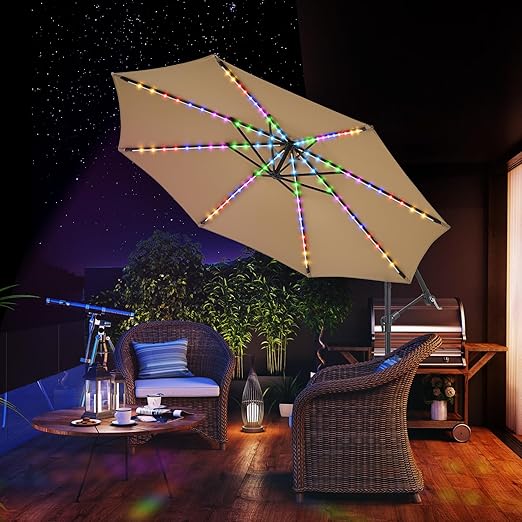 Photo 1 of 10 ft Cantilever Offset Patio Umbrella With Solar Lights, Large Outdoor Umbrellas for Patio, Dual Charging, 200+ Light Modes, Heavy Duty, for Pool, Deck, Market,
