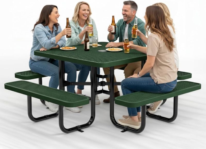 View 1 of ***BOX 2 OF 3 ONLY/INCOMPLETE SET/BOX CONTAINS 4 SEATS ONLY***OUTTANS Metal Picnic Tables for Outdoors with Umbrella Hole - Coated Steel Heavy Duty Commercial Grade Furniture with Adjustable Seats (Green, 46 in, Square, Expanded Steel)