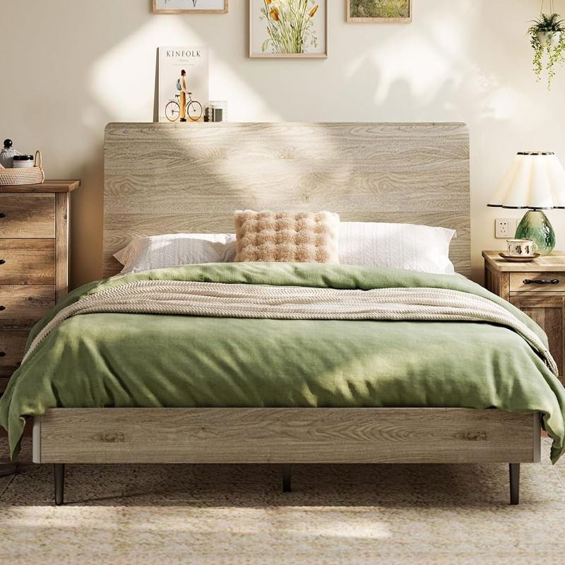 Photo 1 of ***DAMAGED PACKAGING**LINSY Wood Bed Frame Queen with Ergonomic Headboard, Queen Bed Frame with Storage Shelf, Noise-Free, No Box Spring Needed - Beige