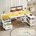 Photo 1 of 66" Reversible L Shaped Desk with File Drawer & Power Outlet, Modern Computer Desk with Keyboard Tray & LED Strip, Office Table with Storage Shelves, Gaming Desk with Monitor Shelf, White
