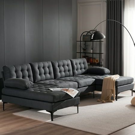 Photo 1 of (*** BOX 2 OF 3 ***) Ktaxon Modern U-Shape Sectional Sofa Tufted Linen Fabric Sectional Couch Double Wide Chaise Lounge Couch with Metal Feet for Apartment Living Room