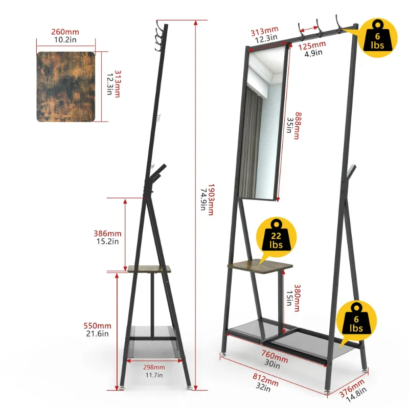 Photo 1 of (*** JUST MIRROR ***)  ANYHI 4 in 1 Hall tree with makeup mirror and shoe cabinet, Hall tree with hanger for entrance, hallway, living room, Brown
