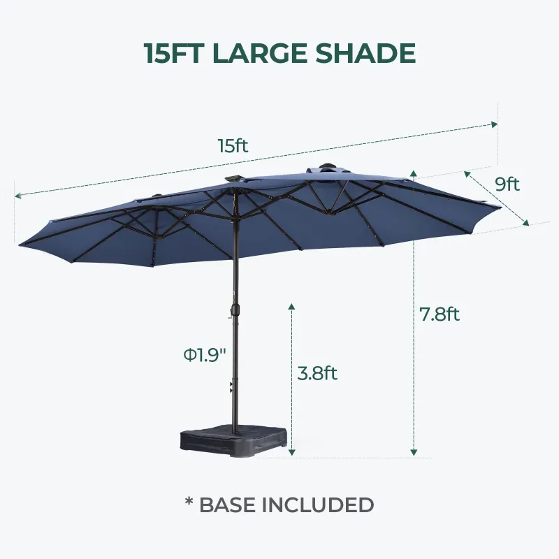 Photo 1 of 15ft Patio Umbrella with Light and Base Included, Double Sided Outdoor Large Rectangular Patio Umbrella with Crank Handle, for Lawn Garden,Home,Outdoor Activities
