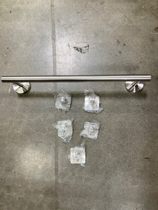 Photo 1 of 6-Piece Bathroom Hardware Set,  16" Towel Bar with 5 Lightweight  Adhesive Hooks, Wall Mounted Rust-Resistant Modern Bathroom Accessories Kit***(ORIGINAL STOCK PHOTO NOT AVAILABLE)***