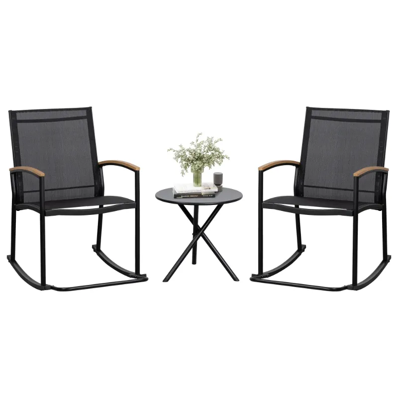 Photo 1 of 3-Piece Patio Bistro Sets, Outdoor Breathable Rocking Chairs & Black Furniture Conversation Set-Two Chairs with Coffee Table Black