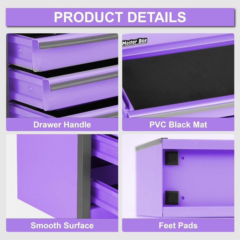 Photo 1 of 14 Inch Steel Portable Tool Box with drawers - Tool Storage Box Organizer with Metal Latch Closur - Powder Coated Toolbox Chest for Tools Storage Cabinet (PURPLE)