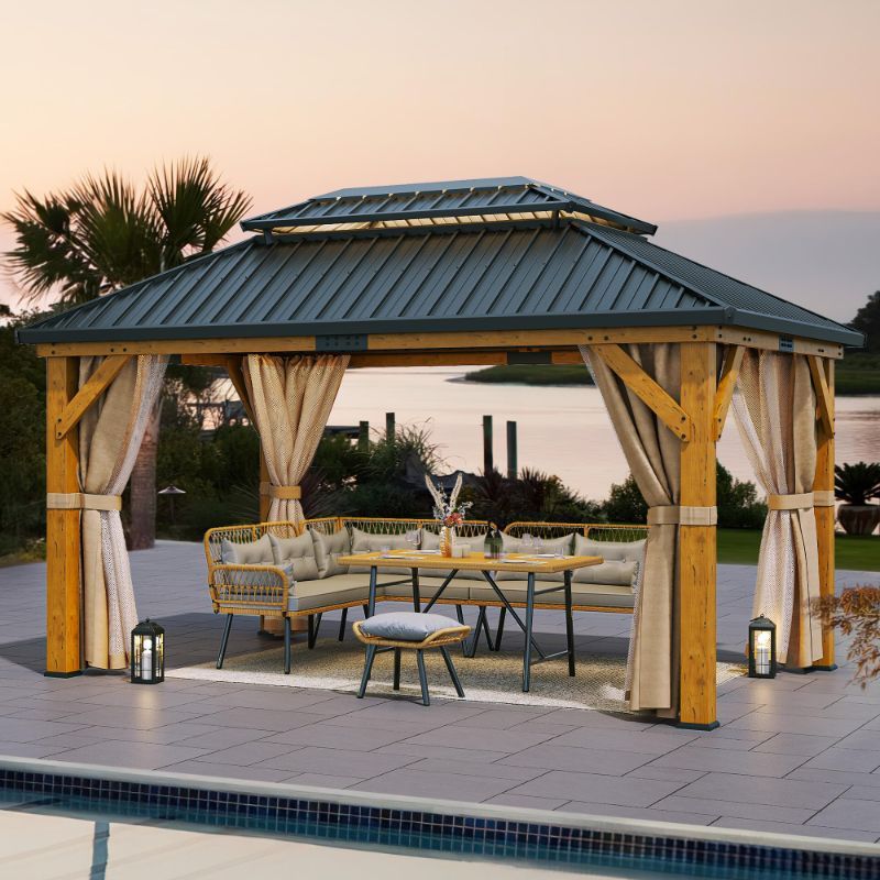 Photo 1 of ***SEE COMMENTS***YITAHOME 13X15FT Wood Gazebo Outdoor Wooden 4.7X4.7 Frame Gazebo Double Roof Hardtop Galvanized Steel Top Canopy w/Curtain and Netting, Patio Heavy Duty Gazebo for Deck, Backyard, Beige Yellow
