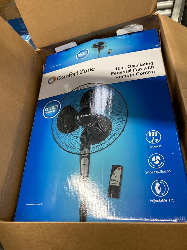 Photo 1 of **parts only** Comfort Zone Oscillating Pedestal Fan with Remote Control, Stand Fan, 18 inch, 3 Speed, Adjustable Height & Tilt, & Timer, Auto Shutoff, Ideal for Home, Bedroom & Office, Airflow 17 ft/sec, CZST181RBK