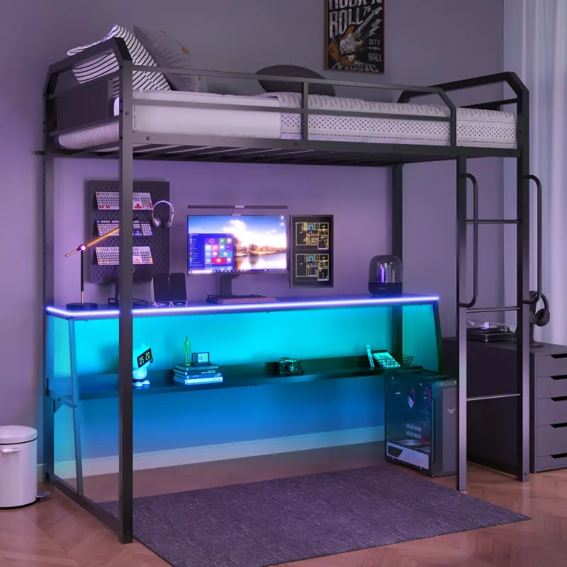 Photo 1 of  BOX 2 / 2  UHOMEPRO Twin Loft Bed with LED Lights, Long Desk, Storage Shelves, Ladder and Safety Rails, Metal Loft Bed Modern Style for Teens Adults, Space Saving, No Box Spring Needed, Noise Free, Black
