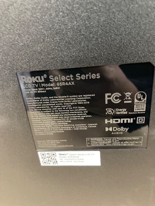 Photo 1 of ***PARTS ONLY, BROKEN SCREEN***Roku Smart TV – 65-Inch Select Series 4K HDR RokuTV with Roku Enhanced Voice Remote, Brilliant 4K Picture, Automatic Brightness, & Seamless Streaming – Live Local News, Sports, Family Entertainment
