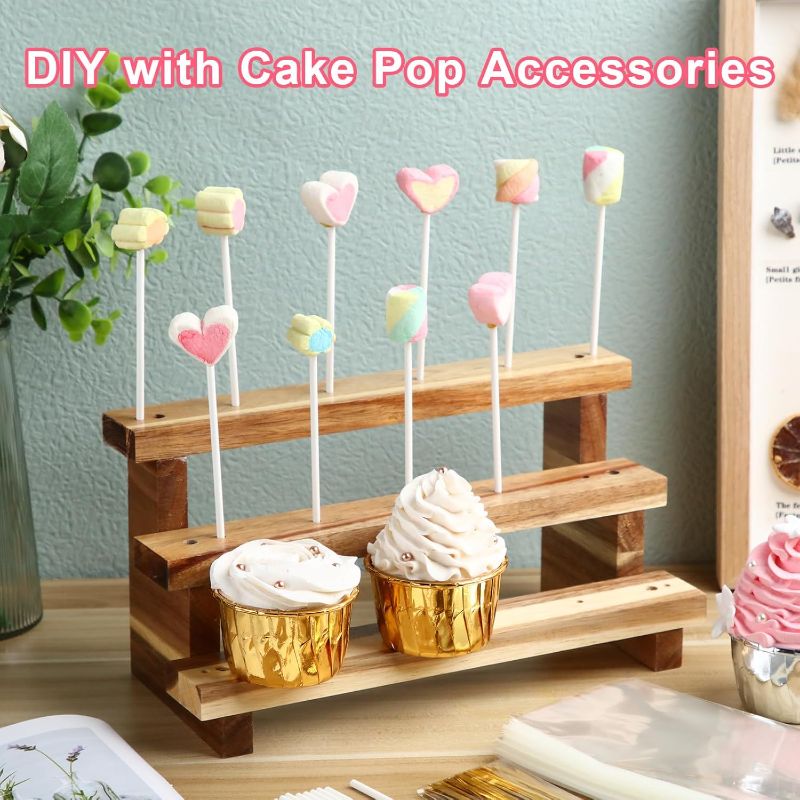 Photo 1 of 2 Pack Wood Cake Pop Stands Sucker Display 3 Tier Lollipop Holders with 100 Treats Bags 100 Lollipop Sticks 100 Gold Twist Ties for Dessert Table of Wedding Baby Shower Birthday Party (Acacia Wood)
