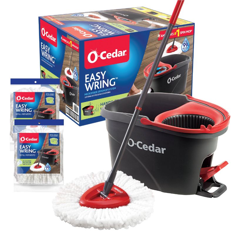 Photo 1 of ***COLLAR IS CRACKED BUT SPINNER STILL WORKS***O-Cedar EasyWring Microfiber Spin Mop & Bucket Floor Cleaning System + 2 Extra Refills, Red/Gray***COLLAR IS CRACKED BUT SPINNER STILL WORKS***