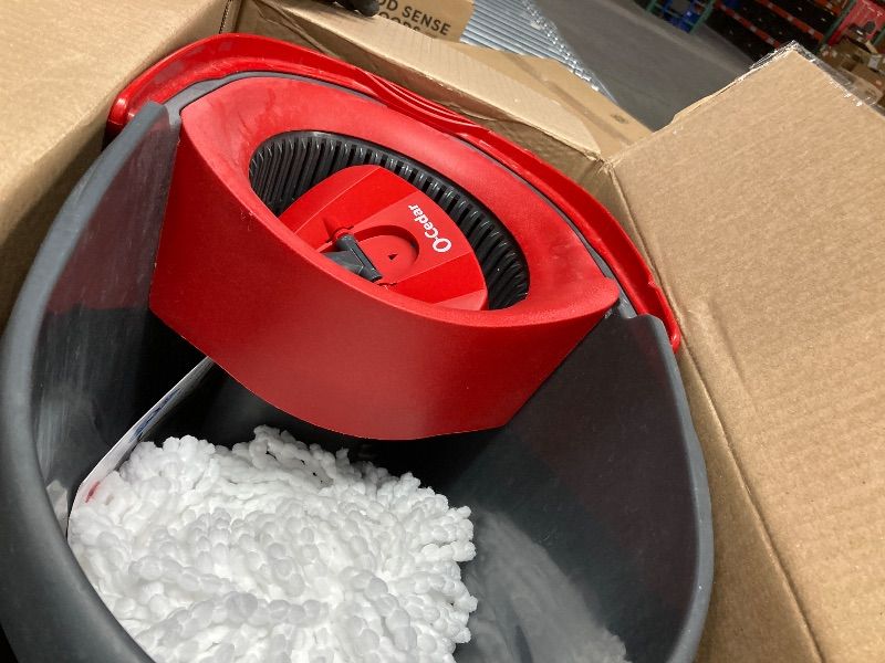 Photo 1 of ***COLLAR IS CRACKED BUT SPINNER STILL WORKS***O-Cedar EasyWring Microfiber Spin Mop & Bucket Floor Cleaning System + 2 Extra Refills, Red/Gray***COLLAR IS CRACKED BUT SPINNER STILL WORKS***