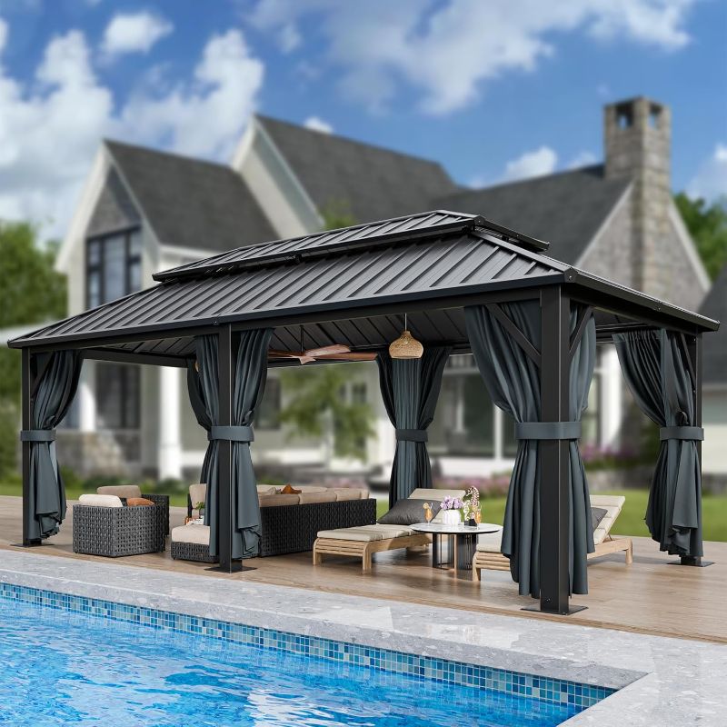Photo 1 of **missing box**GarveeLife Hardtop Gazebo 12 ft x20 ft for All Weather, with Double Metal Roof, Aluminum Alloy Frame, Net, and Curtain, Permanent Building for Patio, Deck, Backyard, Lawn, and Garden
